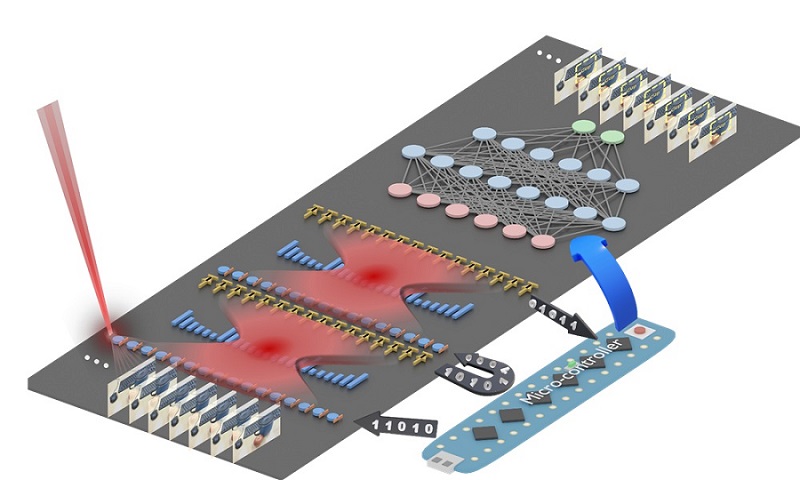 A silicon photonic chip developed by University of Florida researchers turns light-encoded data into instant convolution results. Courtesy of the University of Florida/HangboYang.