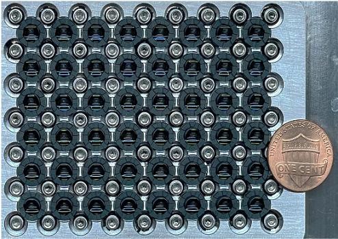 A close-up view of the PANORAMA microscope’s camera array, which contains 48 tiny cameras that work together to capture ultrahigh-resolution, gigapixel images of large and non-flat objects in a single snapshot. Courtesy of Duke University/Roarke Horstmeyer.
