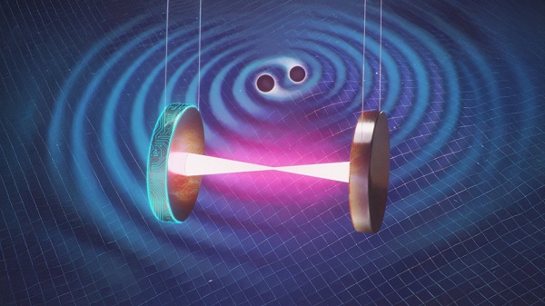 Artist’s impression of how gravitational wave observatories are used to observe the universe. Courtesy of Google DeepMind.
